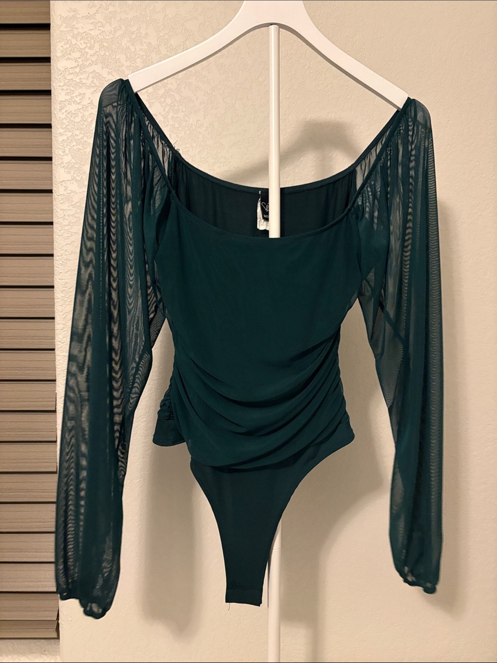 Windsor Dark Teal Mesh-Sleeve Ruched Bodysuit